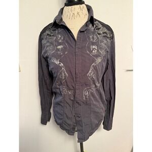 Guess Los Angeles Pinstripe Long‎ Sleeve Button Up Shirt Graphic Print Men